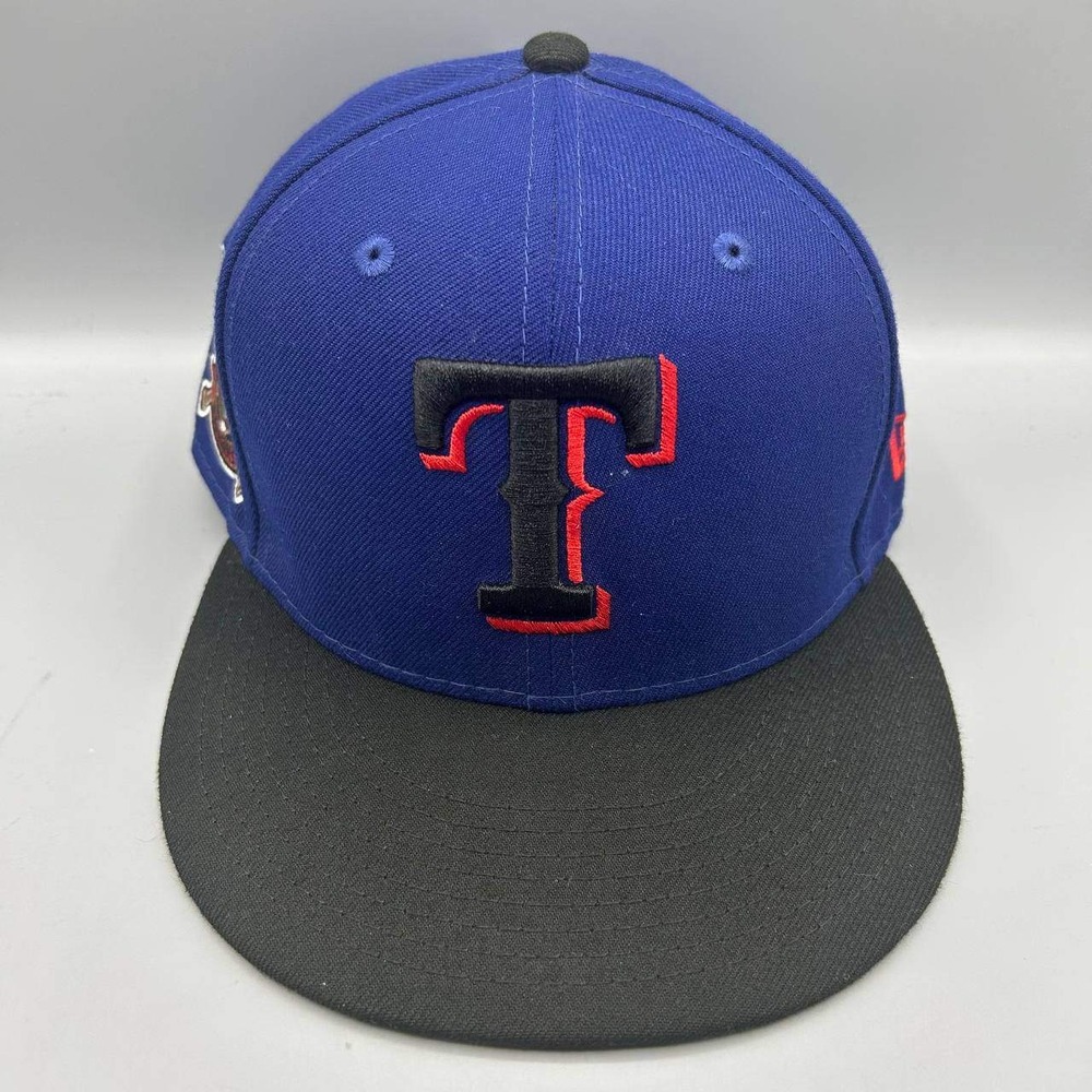 Texas Rangers MLB Hat Men 7 1/4 Blue Black 59Fifty New Era Fitted Cap New